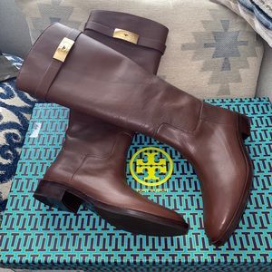 Tory Burch T hardware brown leather riding boots NWT 9 M